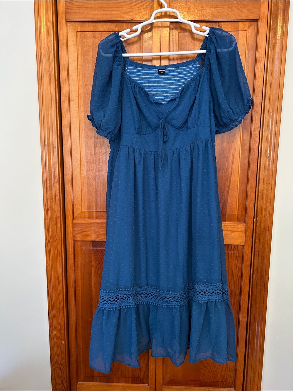Women's Teal Puff-Sleeve Midi Dress with Crochet Hem New 3X